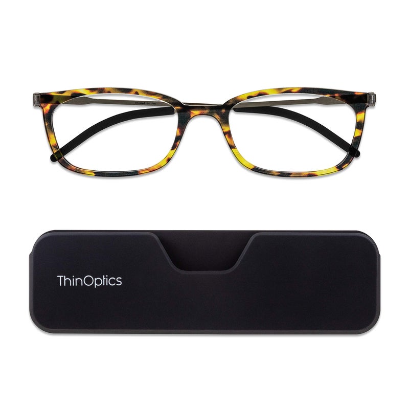 ThinOptics Connect Ultra-Thin Reading Glasses 2.00 Tortoiseshell Frames - Magnetic Case Attaches to Phone - +2.0 Strength Rectangular Readers - Unisex for Men & Woman
